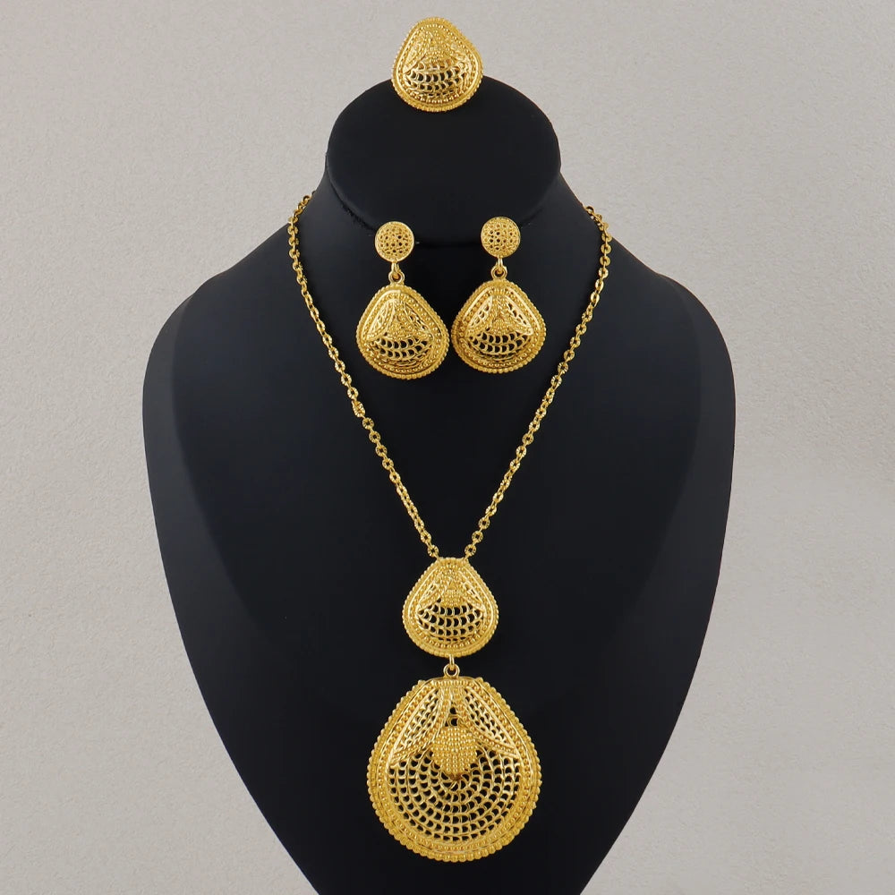 Dubai Fashion 24k gold Noble Pendant Necklace Women Wedding Pendant Chain Earrings 2 Piece Set Jewelry Party Christmas Gift