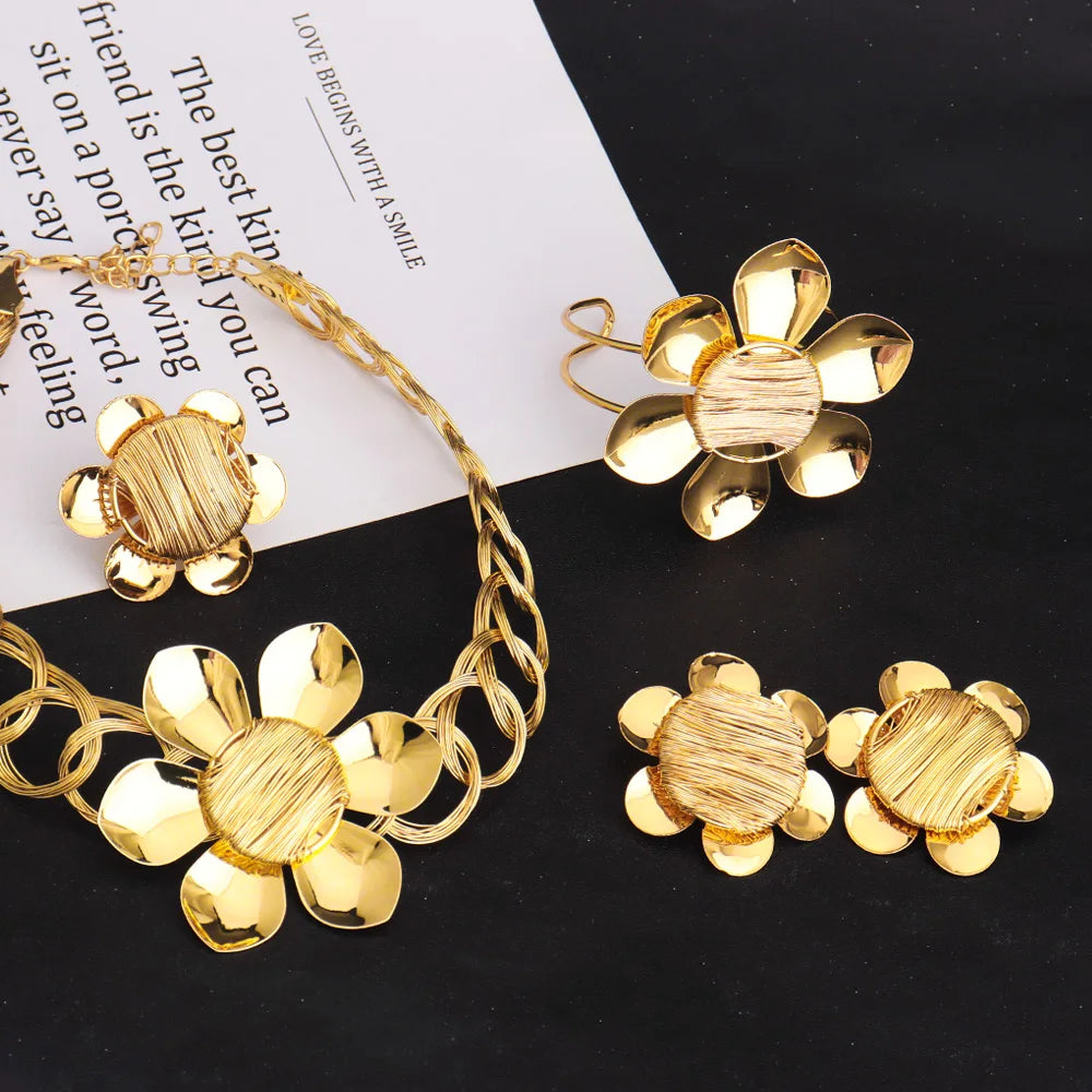 New Charming Flower Shape Women Jewelery Set Luxury Gold Color Earrings Necklace Bangle Ring For Wedding Accessories Party