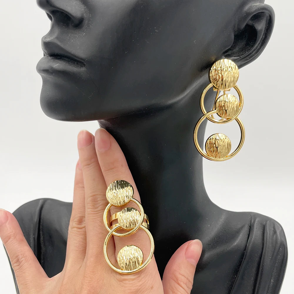 2Pcs Stylish Vintage Earrings Ring Premium Alloy Irregular Spiral Jewelry for Women Party Geometric Hollow Circular Jewellery