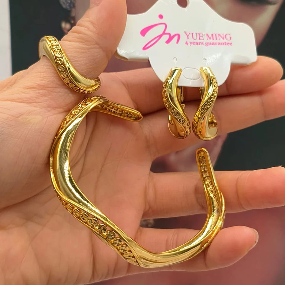 YM 3pcs Jewelry Set for Women Hollow Geometry Bridal Jewellery Fashion Charm Bracelet Clip Earrings Open Ring Holiday Party Gift