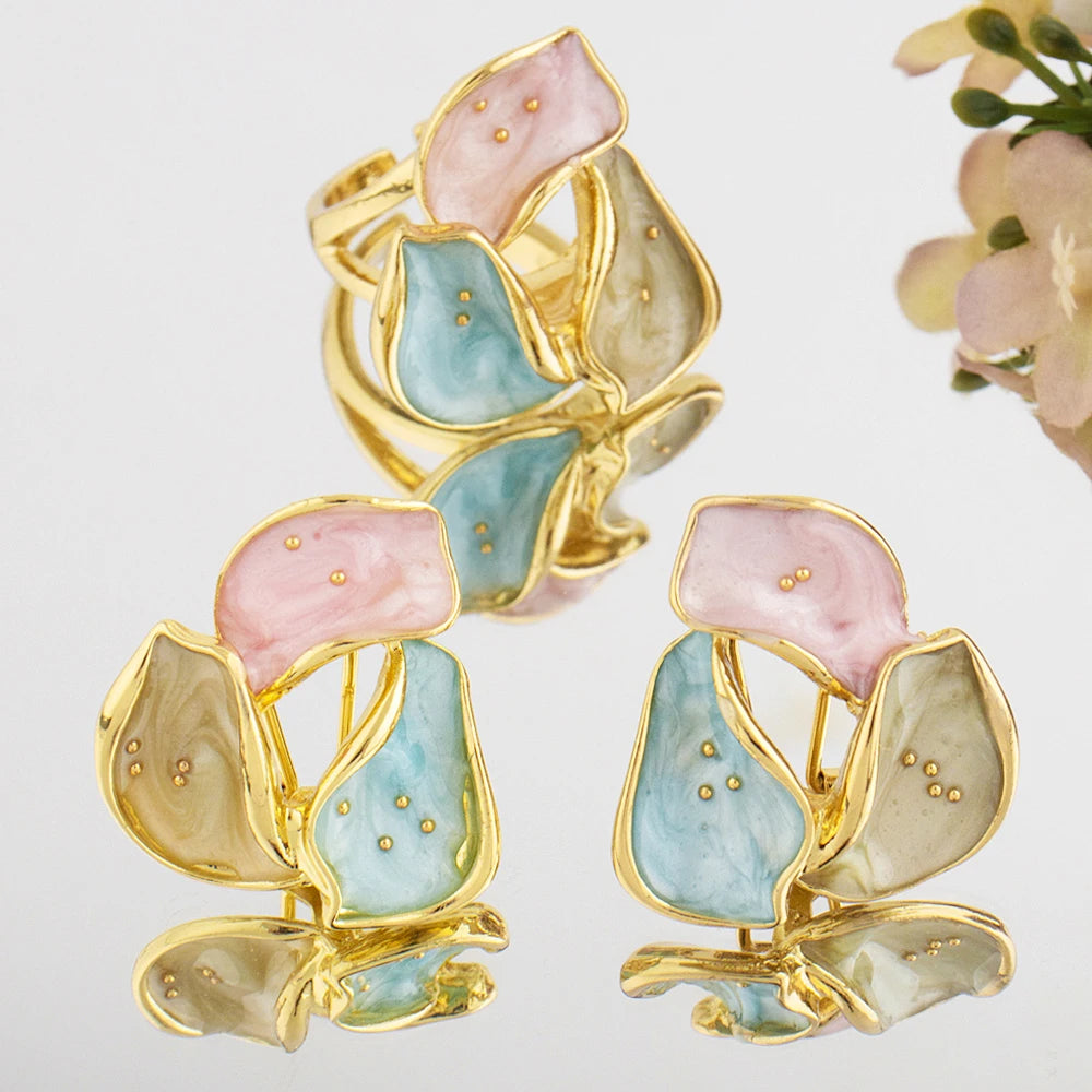 Elegant Colorful Half Flower Stud Earrings Ring for Women Luxury Dripping Oil Petals Jewelry Set For Wedding Party Dating Parts