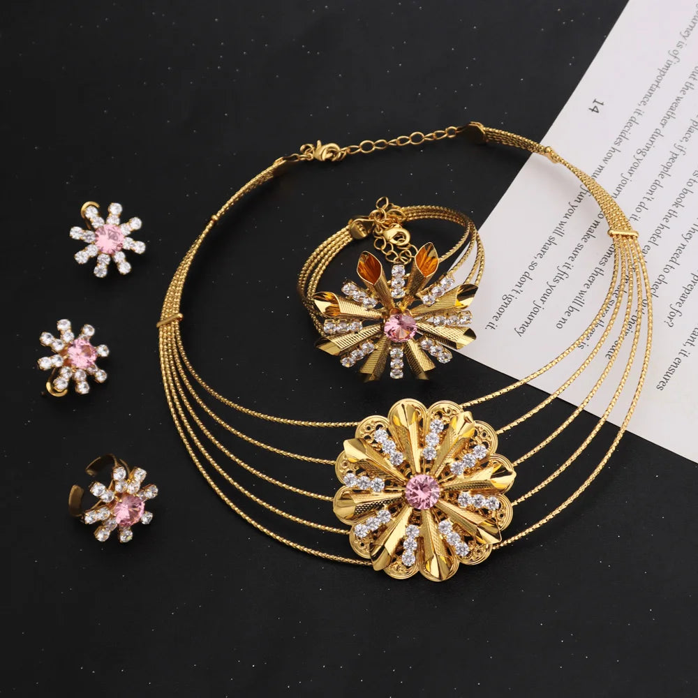 Arab Luxury Women Gold Color Necklace Earrings Bangle Ring Set Hollowed out Colorful Zircon Jewelry Set For Party Easter Gift