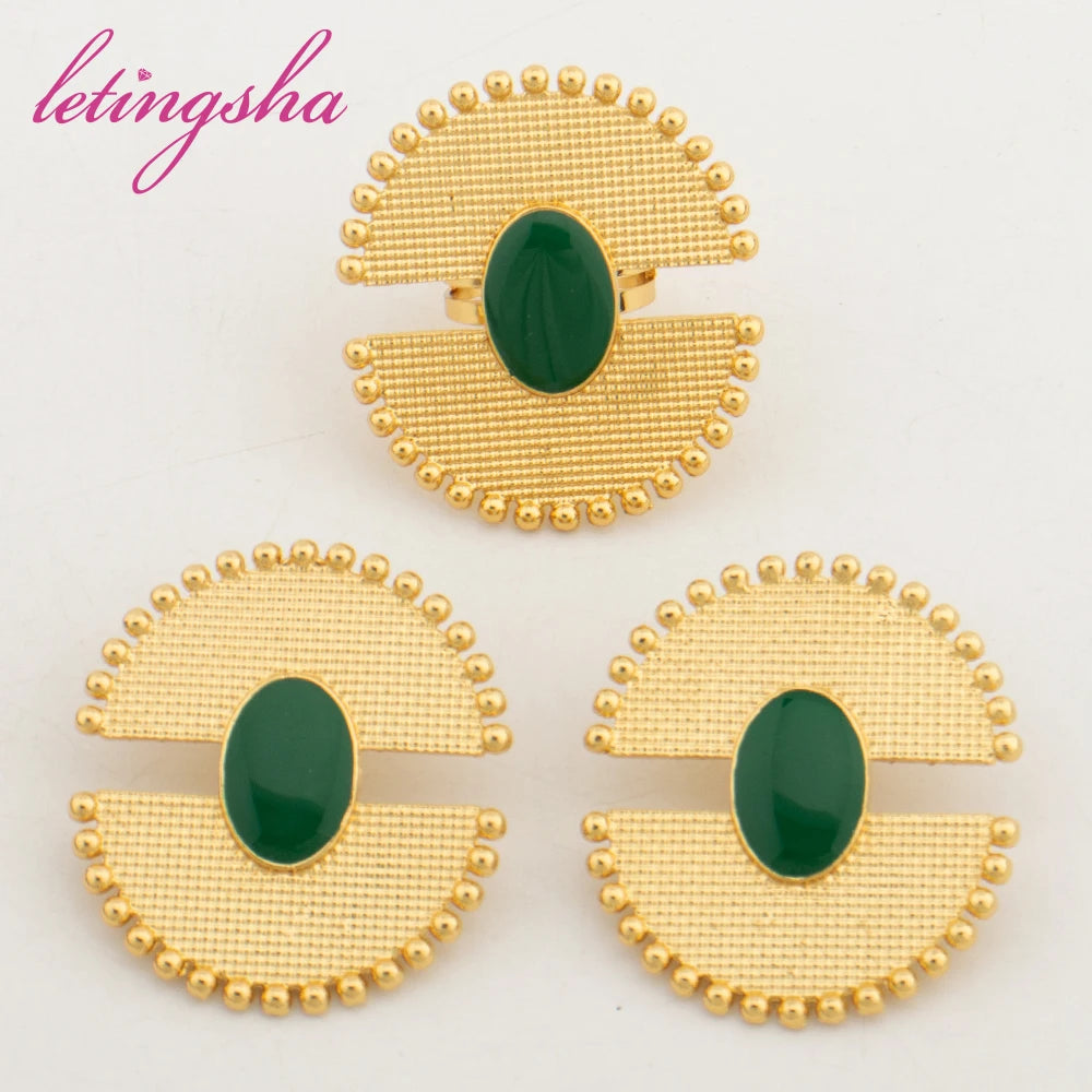 Gold Plated Earrings Geometric Ear Clips Ring Set for Women Copper Jewelry Party Wedding Gifts Colored Earrings Ring Jewelry