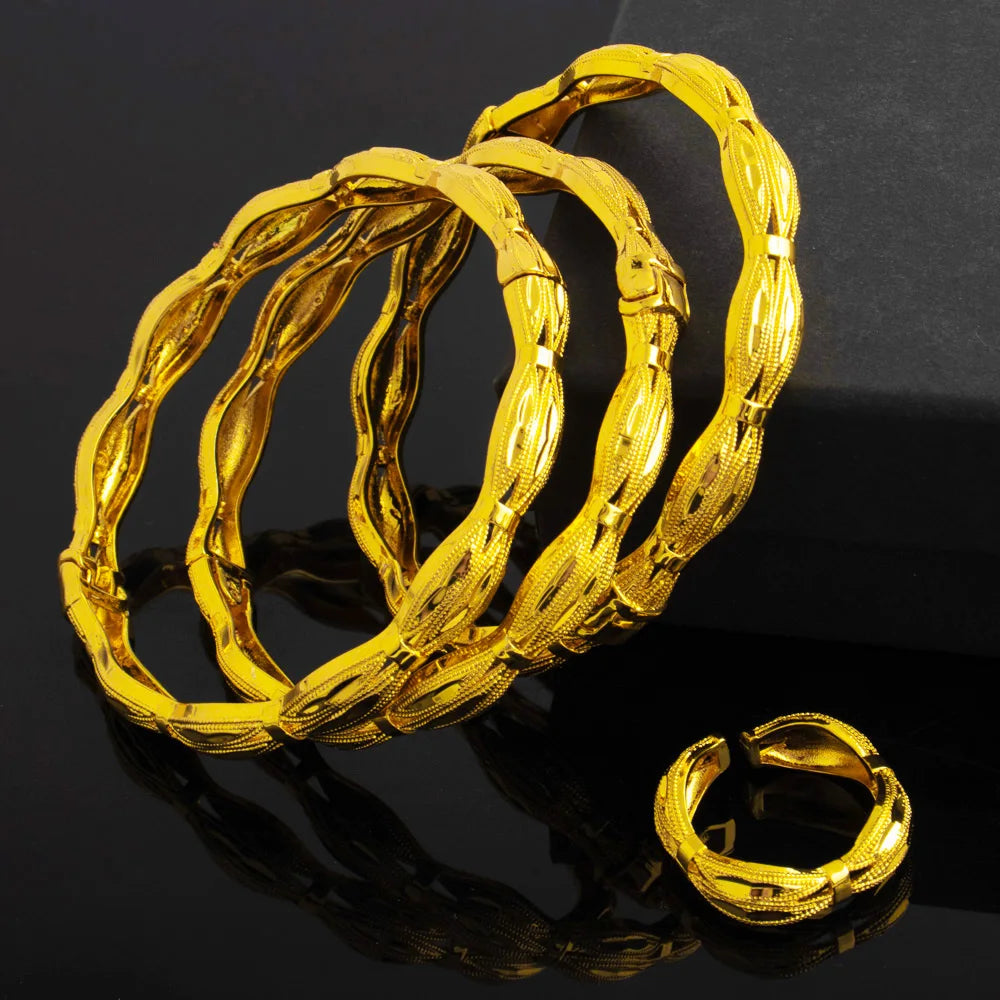 3Pcs Vintage Hip Hop Metal Cuff Bangles and Ring Set Punk Gold Color Engrave Ring For Women Bracelet Jewelry