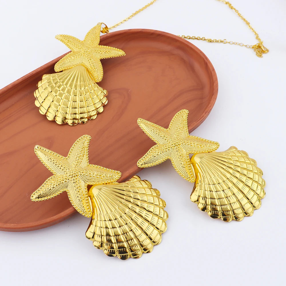 Dubai African Gold Plated Luxury Big Star Shape Necklace Earrings Set for Women Gold Color Jewelry Gift for Party Wedding Bride