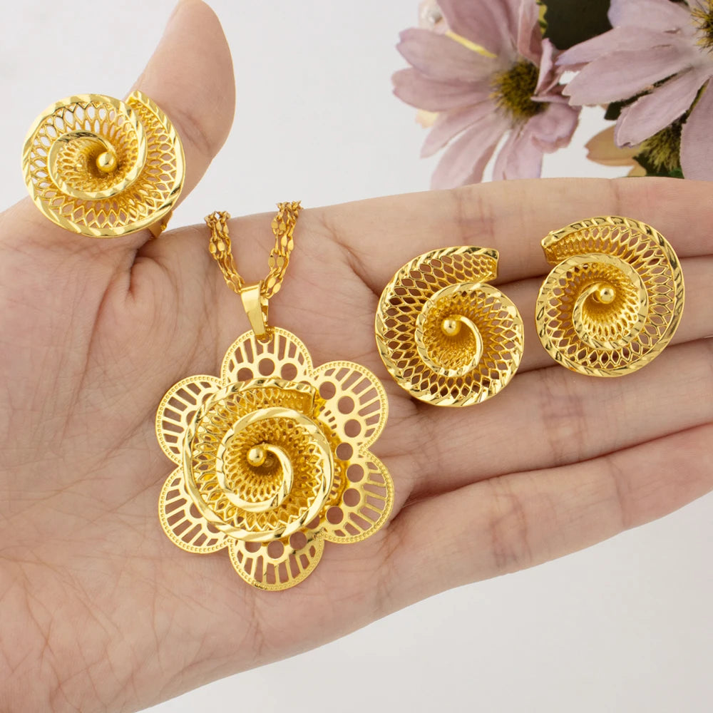 Gold Plated Elegant Flower Shape Necklace Earrings Ring Set for Women Dubai Gold Color Jewelry Gift for Couple Christmas Party