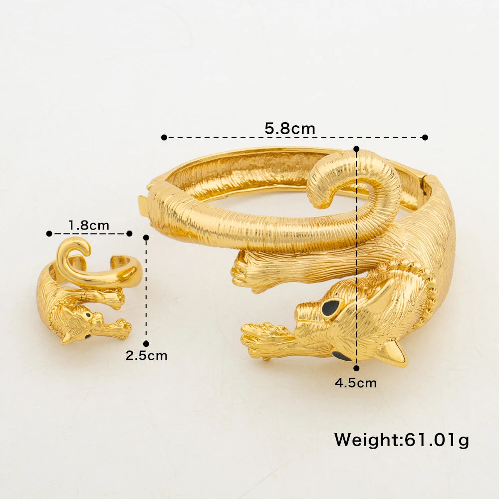 Exaggerate Leopard Bangle with Ring Jewelry Set for Women Dubai Gold Color Cuff Bangle Cocktail Ring 2Pcs Set for Weddings Gifts
