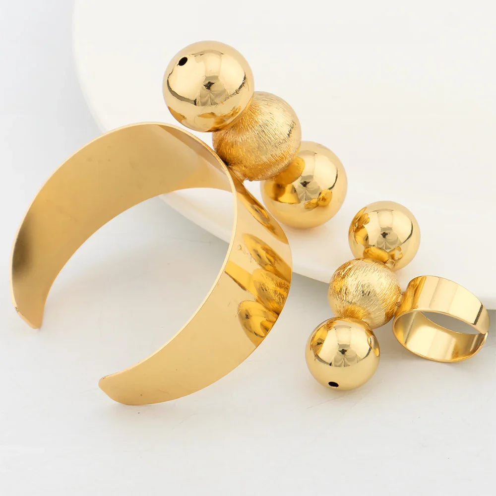 Lucky Beads Cuff Bangles with Ring Dubai Gold Plated Jewelry Set for Women African Party Bridal Wedding Gift Jewelry Accessories - YUEMING JEWELRY