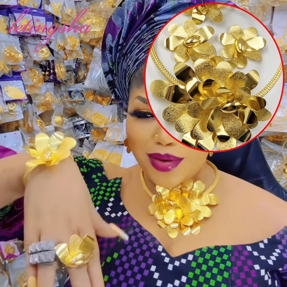 African Big Jewelry Classic Set for Women Dubai 18K Gold Color Necklace Earrings Bangle Ring Sets Fashion Wedding Party Jewelry