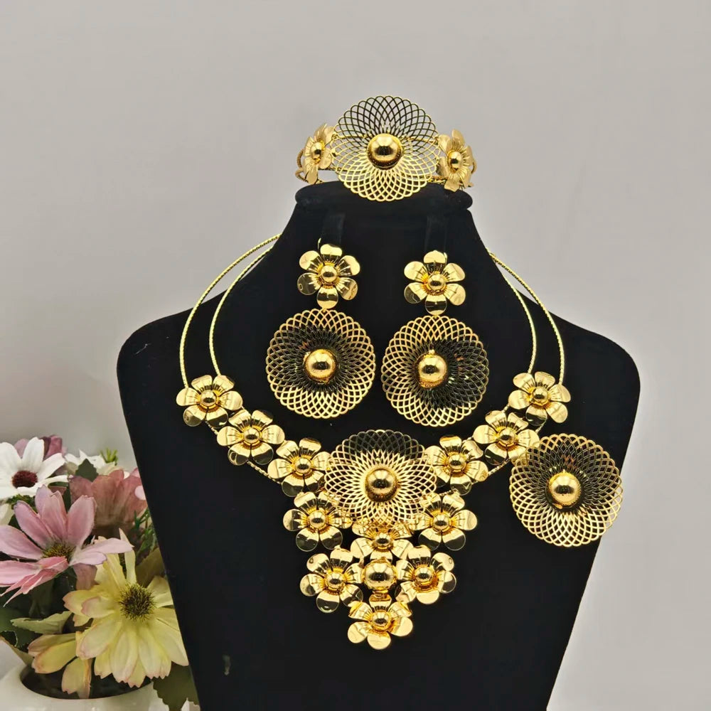 Dubai Woman Big Jewelry Set Nigeria Gold Plated Earrings Necklace Hollowed Out Flower Design Bride Bangle Rings Mother's Day