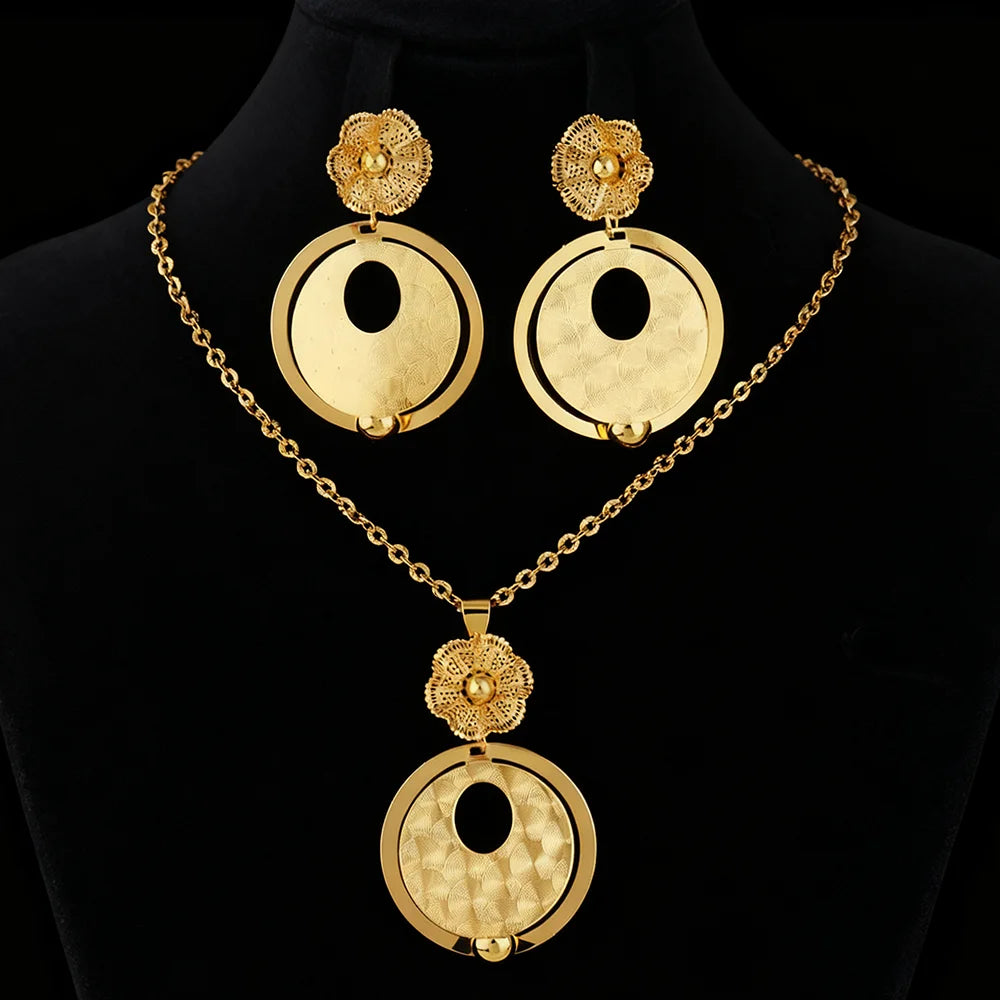 African Gold Color Women Necklace and Earrings Trend Dubai Flower Hollow Out Jewelry Set Gift For Party Wedding Daily Accessorie