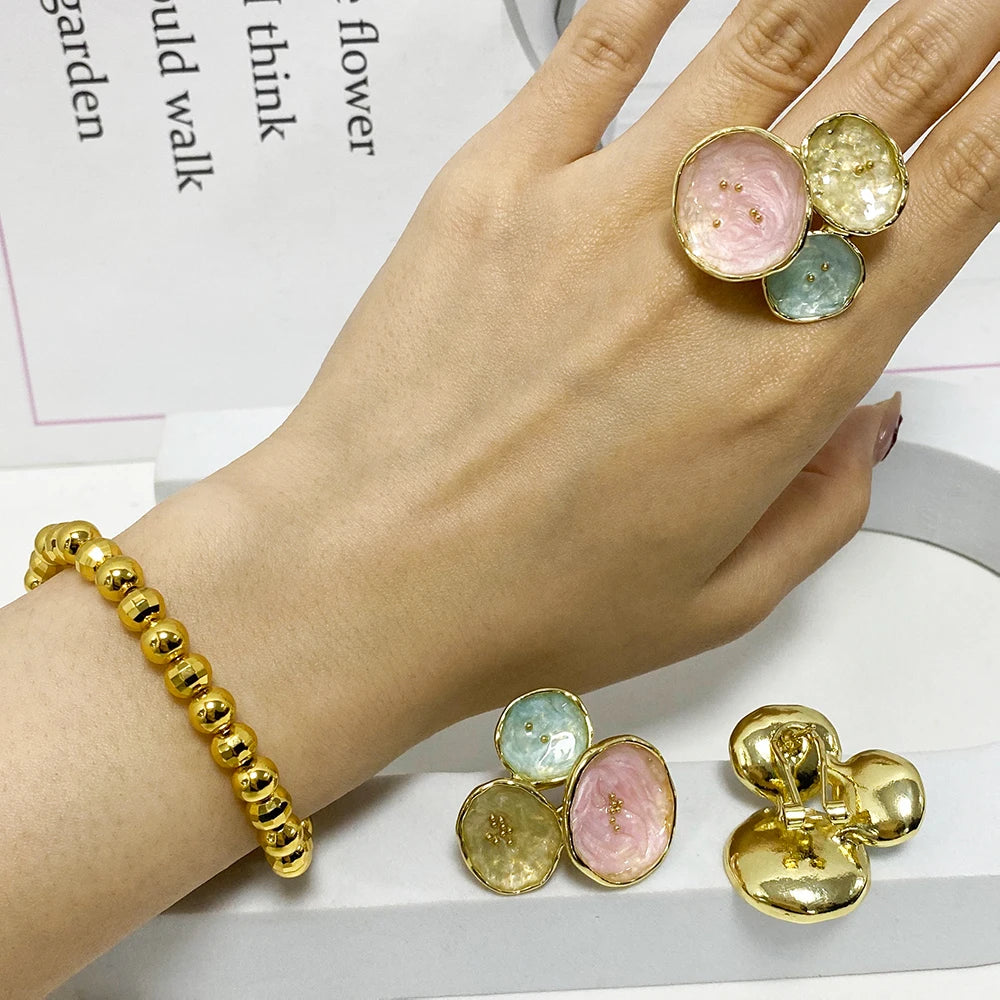 Dopamine Color Jewelry Set For WomenTrendy Earrings Ring Gold Color Bangle Set Advanced Jewelry For Party Wedding Anniversary