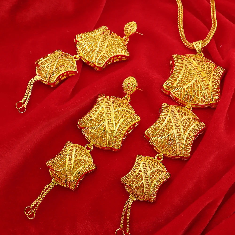 French Italy Luxury Gold Plated Carving Design Necklace Earrings Set for Women Gold Color Charms Jewelry Gift for Party Wedding