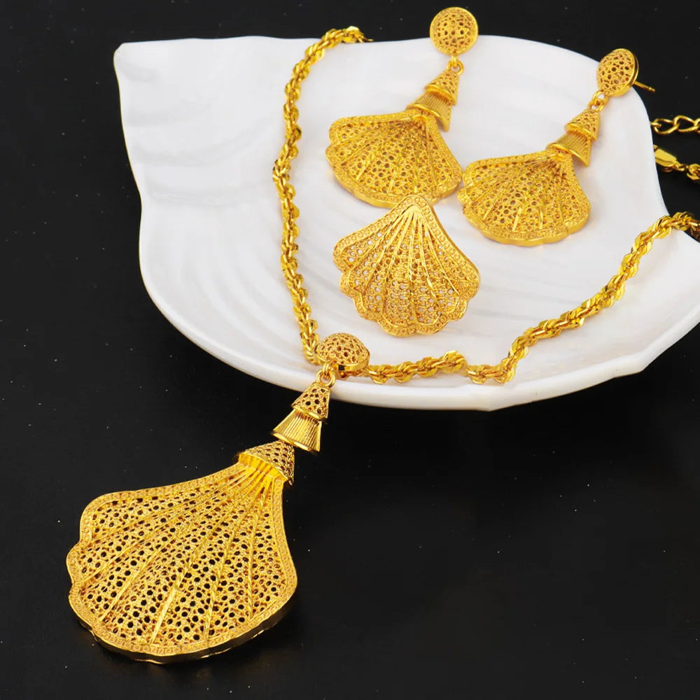 Arab Women Jewelery Set Nigerian Shell Shape Earrings Luxury Necklace Ring Easter Mother's Day Daily Gift Spring Promotion titk