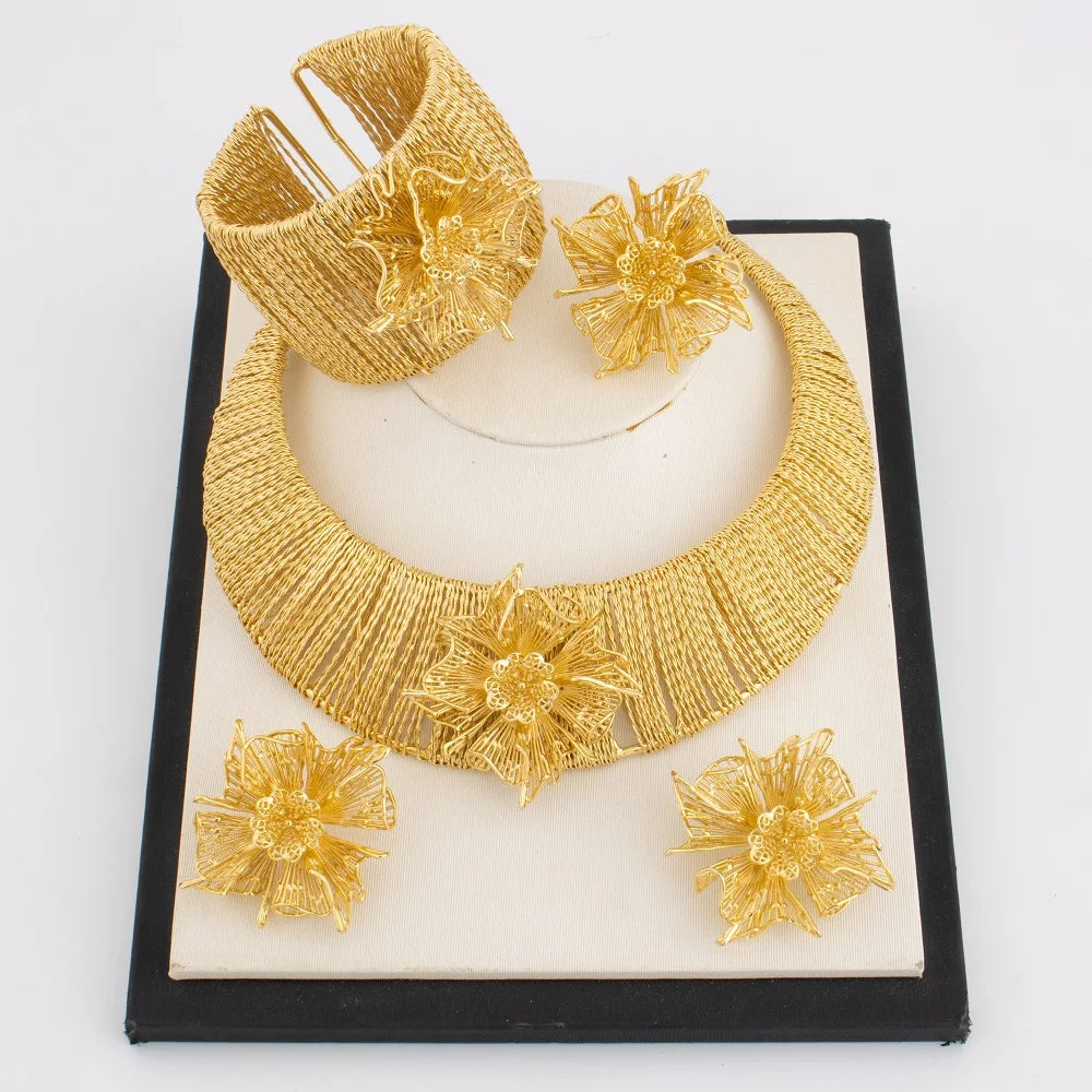2025 Gold Color Luxury Women Jewelry Set With Necklace Bangle Ring Earrings Fashion Design Jewelry Gift For Party Wedding