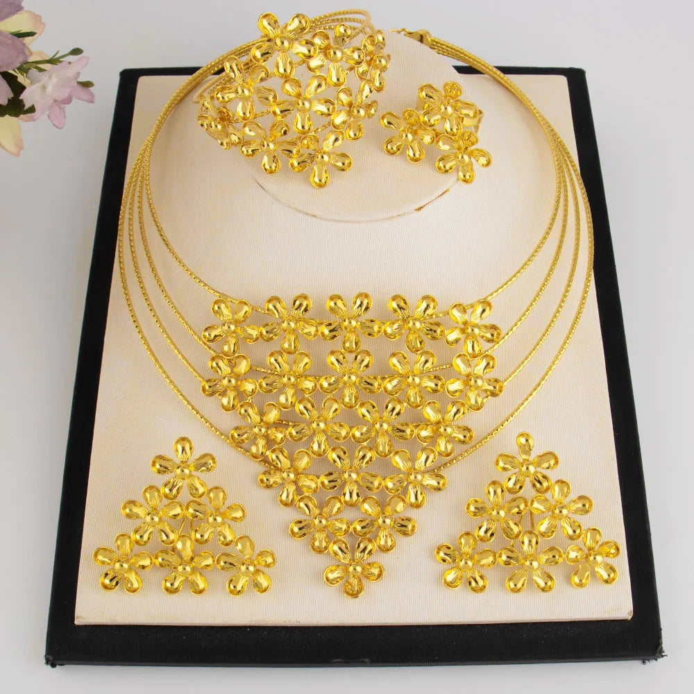 Ethiopia Elegant Jewelry Set Brazilian Flower Shape Necklace Earrings Luxury Bangle And Ring For Dubai Party Mother's Day Gift