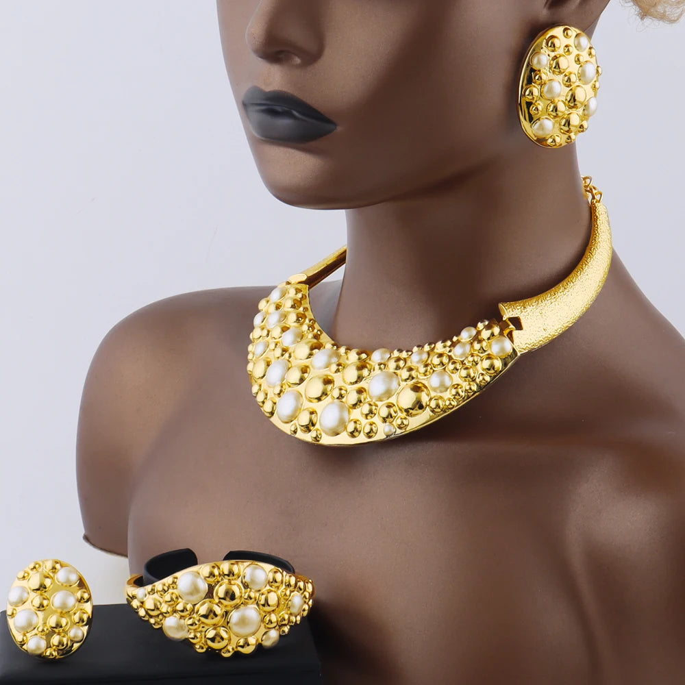 Gold Color Necklace Bracelet Ring Earrings Set for Women Gold Plated Hiphop Punk Bright Jewelry for Party Wedding