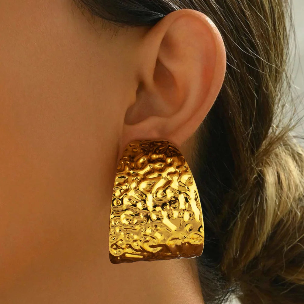 Dubai New Trend Stainless Steel C Shape Wide Earrings For Women Gold Color Water Ripple Jewelry Wedding Easter Female Punk Gift