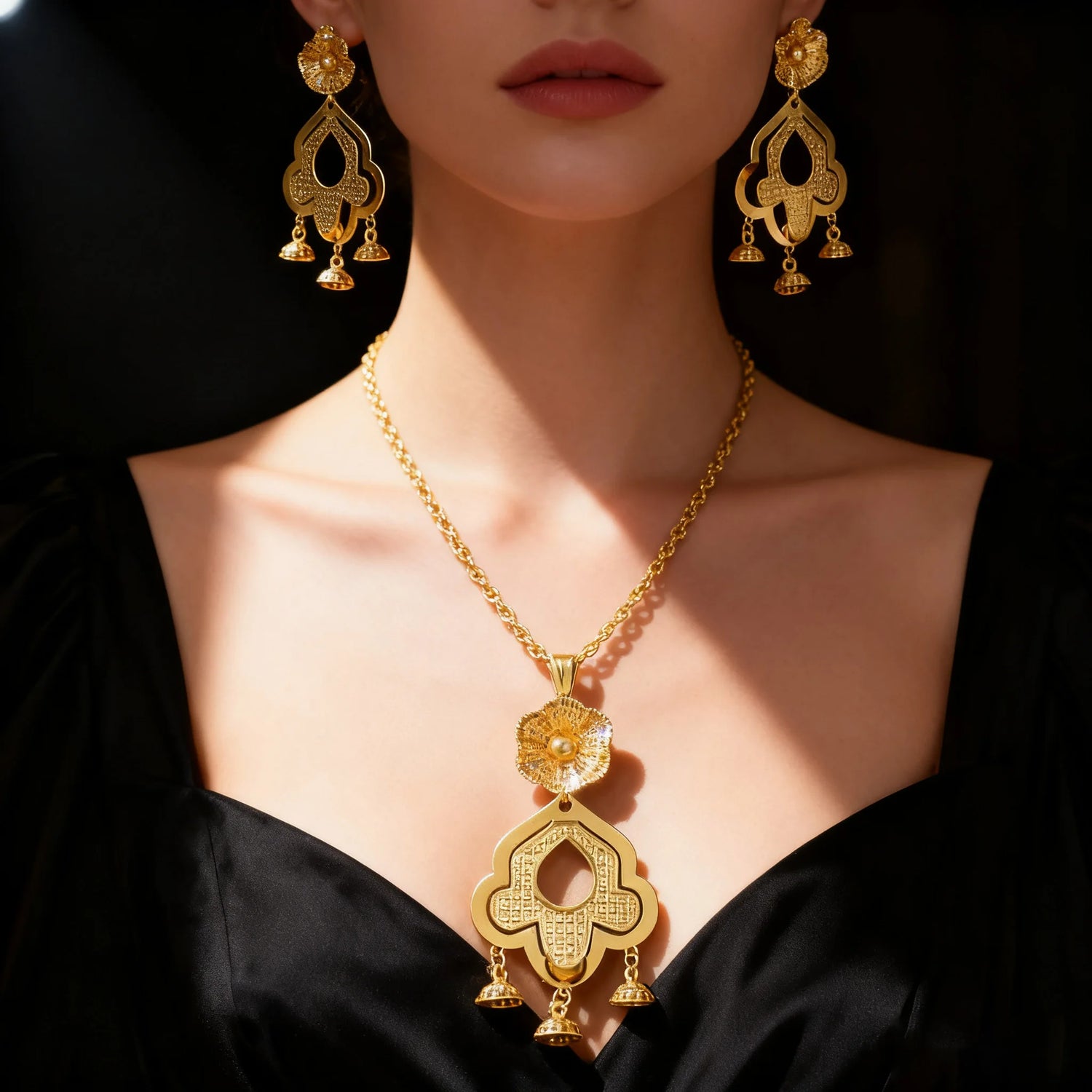 Fashion Arabic Necklace Earrings Women Wedding Dress Luxurious Floral Hollow Algerian Jewelry Set Party