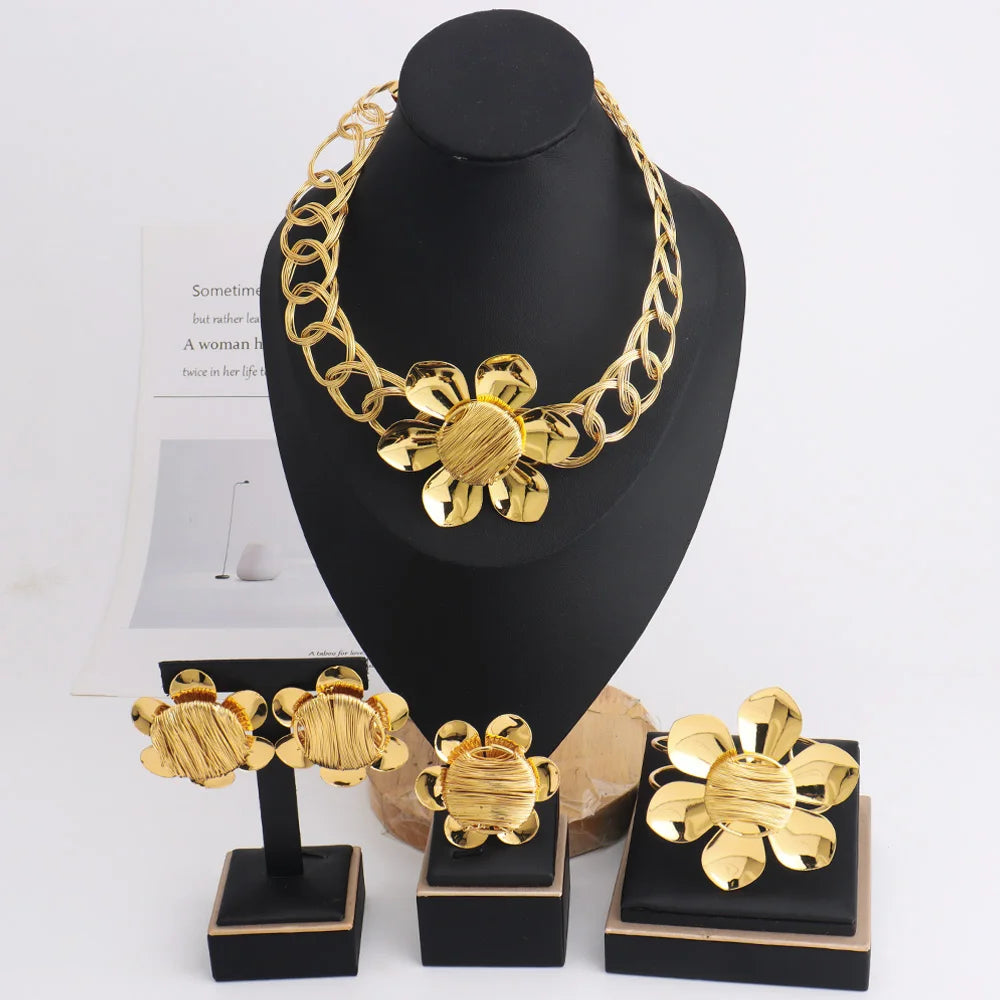 New Charming Flower Shape Women Jewelery Set Luxury Gold Color Earrings Necklace Bangle Ring For Wedding Accessories Party
