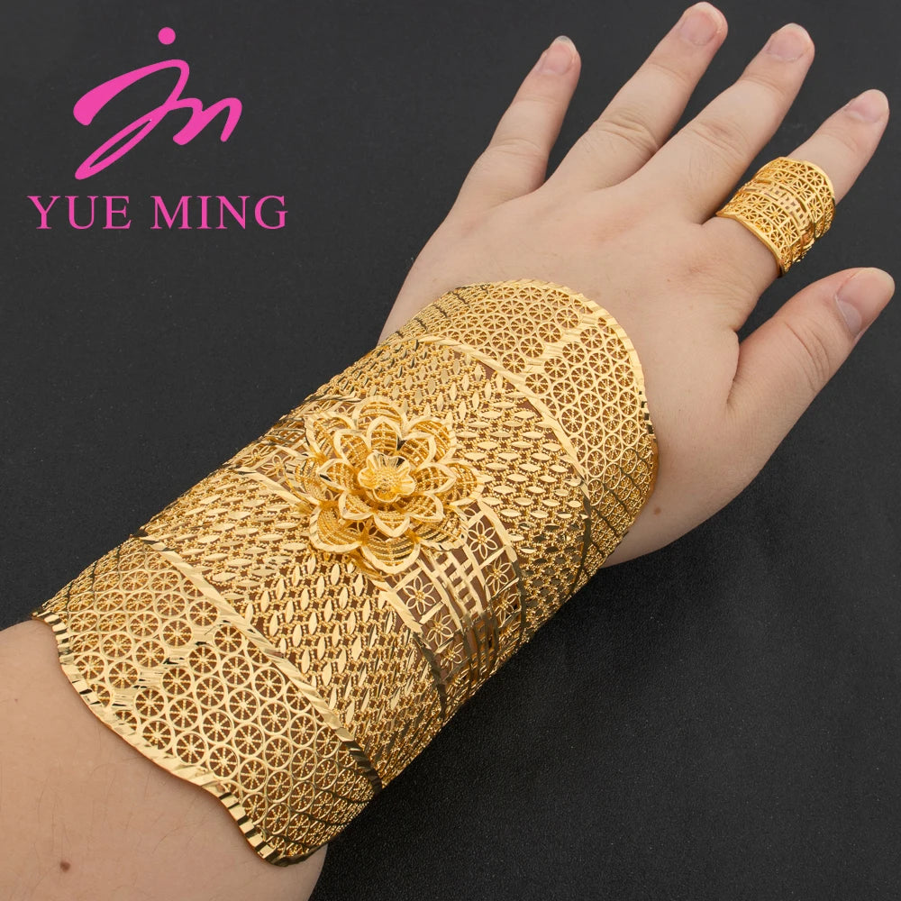 France Luxury Cuff Bangle with Ring For Women Dubai Gold Color Big Flower Bracelet Adjustable Ring Jewelry African Wedding Gifts