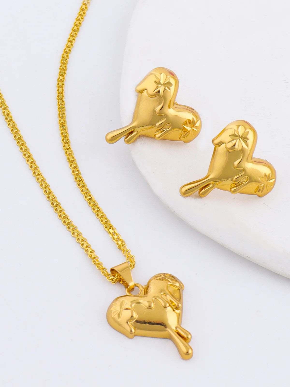 24K Gold Plated Heart Pendant Necklace for Women High Quality Charm Love Necklace Earring Set Jewelry Party  Bridal Wedding Gift