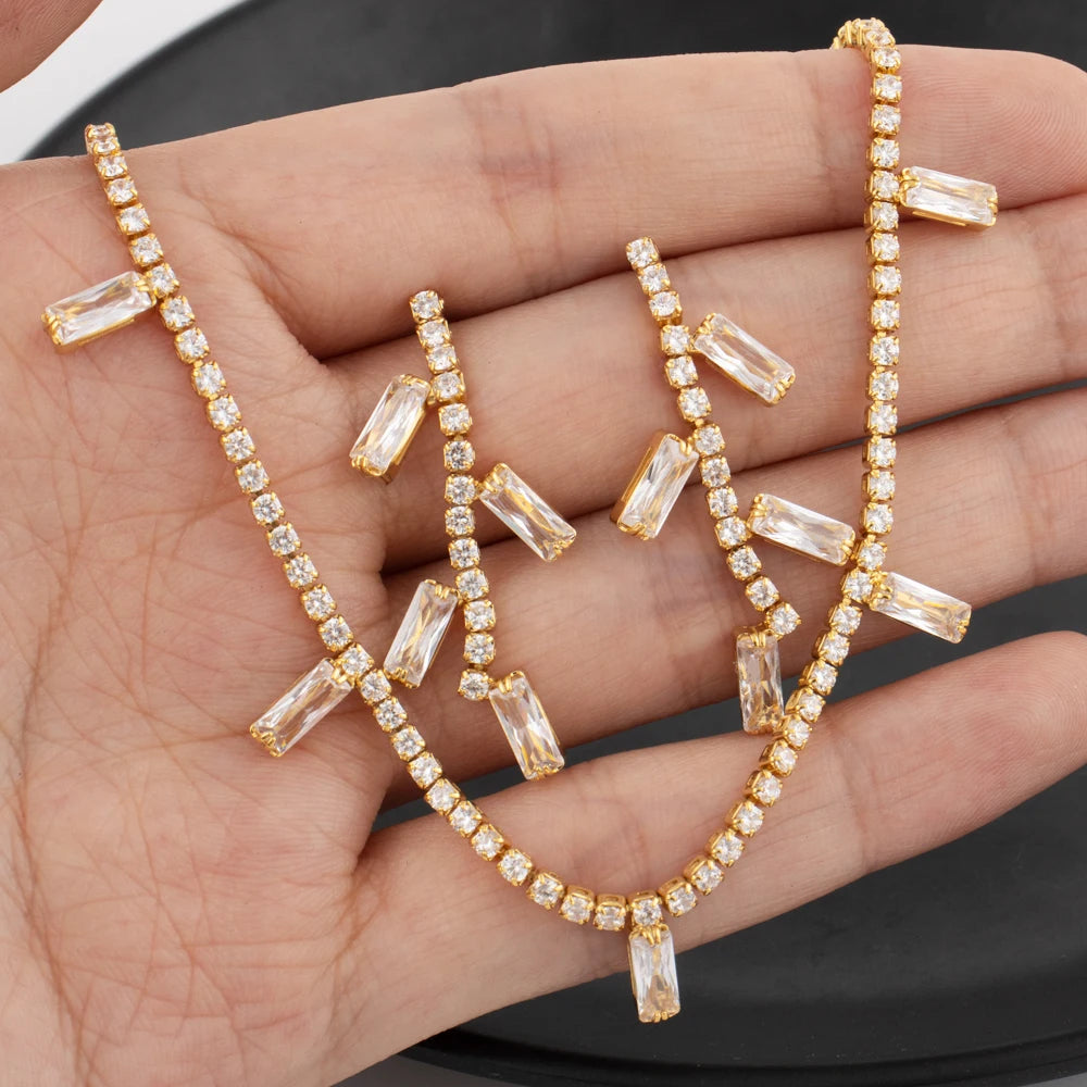 Woman Gold Color Earrings Necklace Italy Bohemia Style Jewelry Set France Elegant Square Zircon Jewelry Set For Party Dating