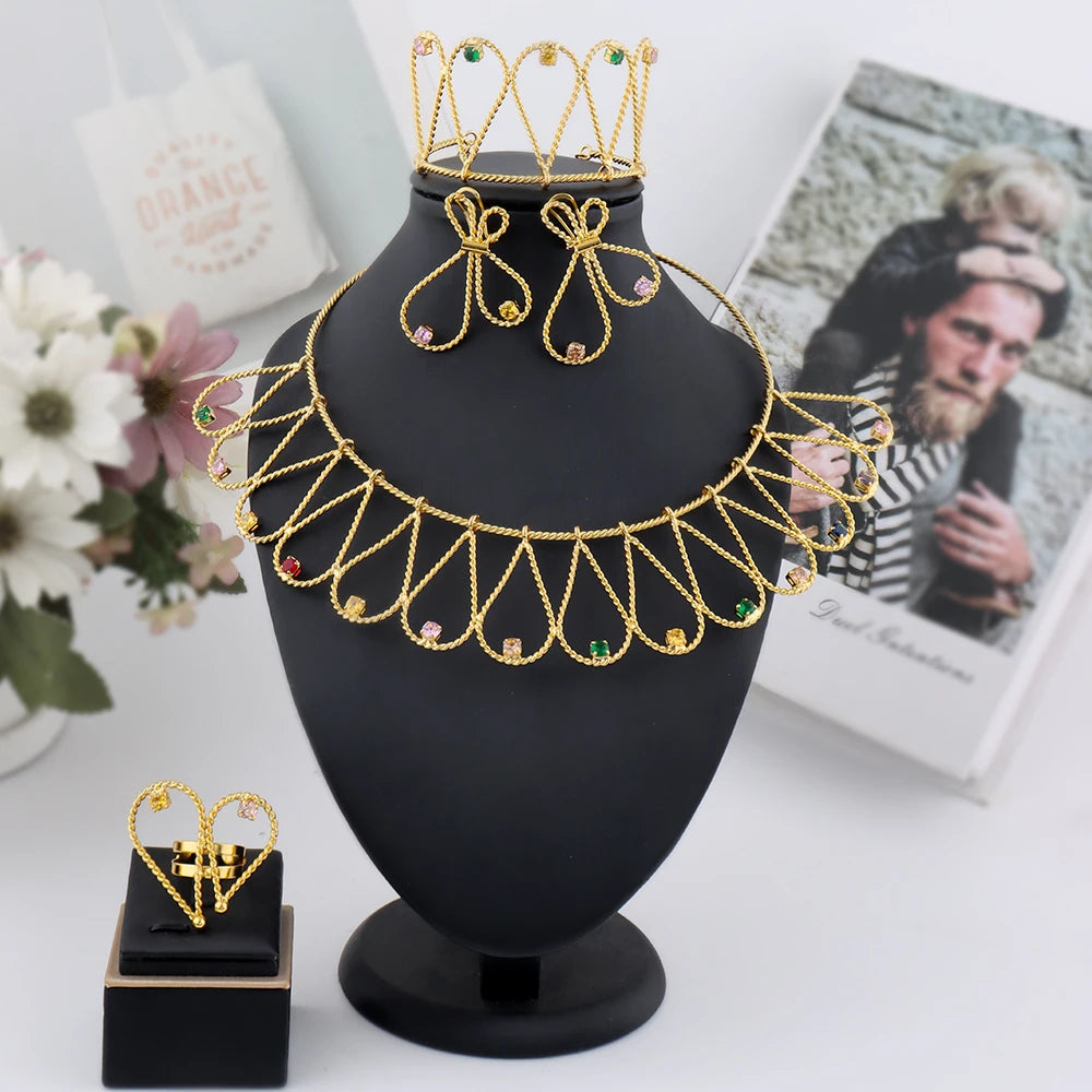 WomenTrendy Design Jewelry Set Dubai America Gold Color Earrings Necklace Color Zircon Bangle Ring Set For Wedding Party Gift
