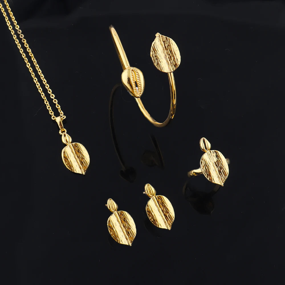 French Gold Plated Leaf Necklace Earrings Bracelet Ring Set for Women Girl Gold Color Bangle Jewelry Gift for Party Wedding