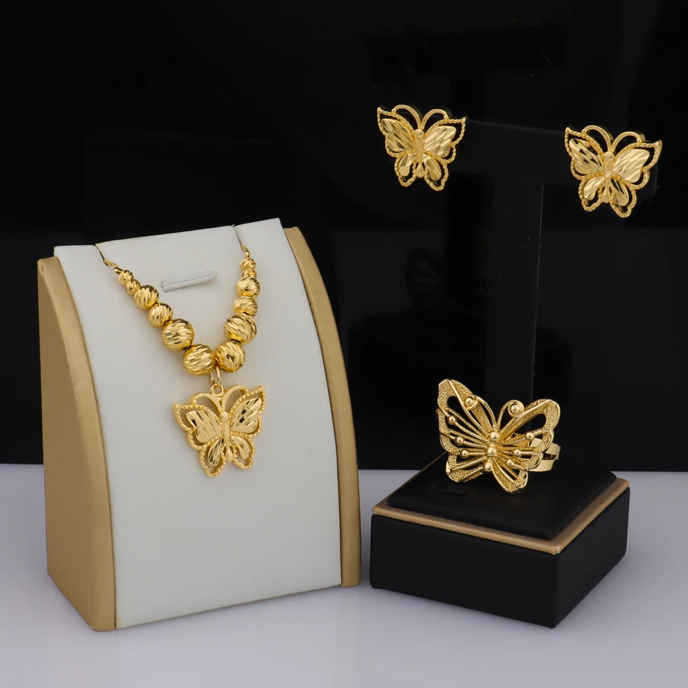Dubai Gold Color Butterfly Necklace Earrings Ring Personalized Jewelry Set For Family Daily Wear Wedding valentine day gift