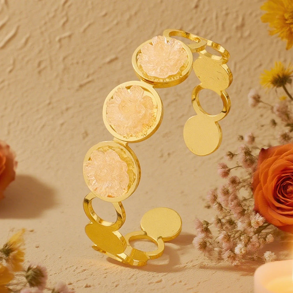 Vintage Stainless Steel Zircon Bangles Ring for Women Luxury Gold Color Jewelry Set Flower Cuff Bangle Wedding Ball Jewelry Gift