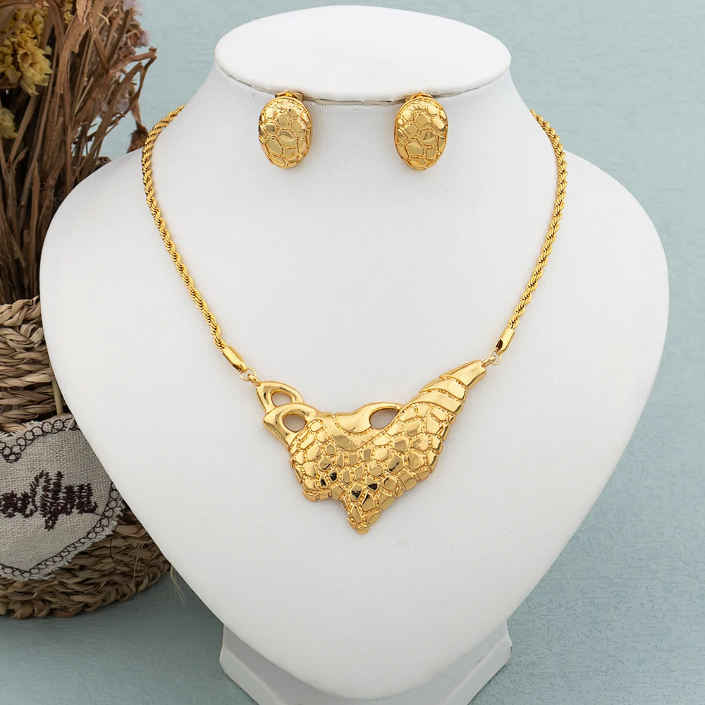 Dubai Jewelry Set for Women 18k Gold Color Love Ethiopian African Heart Necklace Earrings Set Arab Bridal Dowry Jewelry Gift