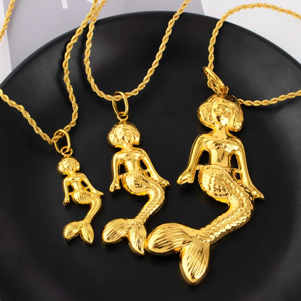Gold Color Mermaid Pendant Expressing Love Blessing Hip Hop Women Men Popular Necklace Waterproof Jewelry Gift Accessories