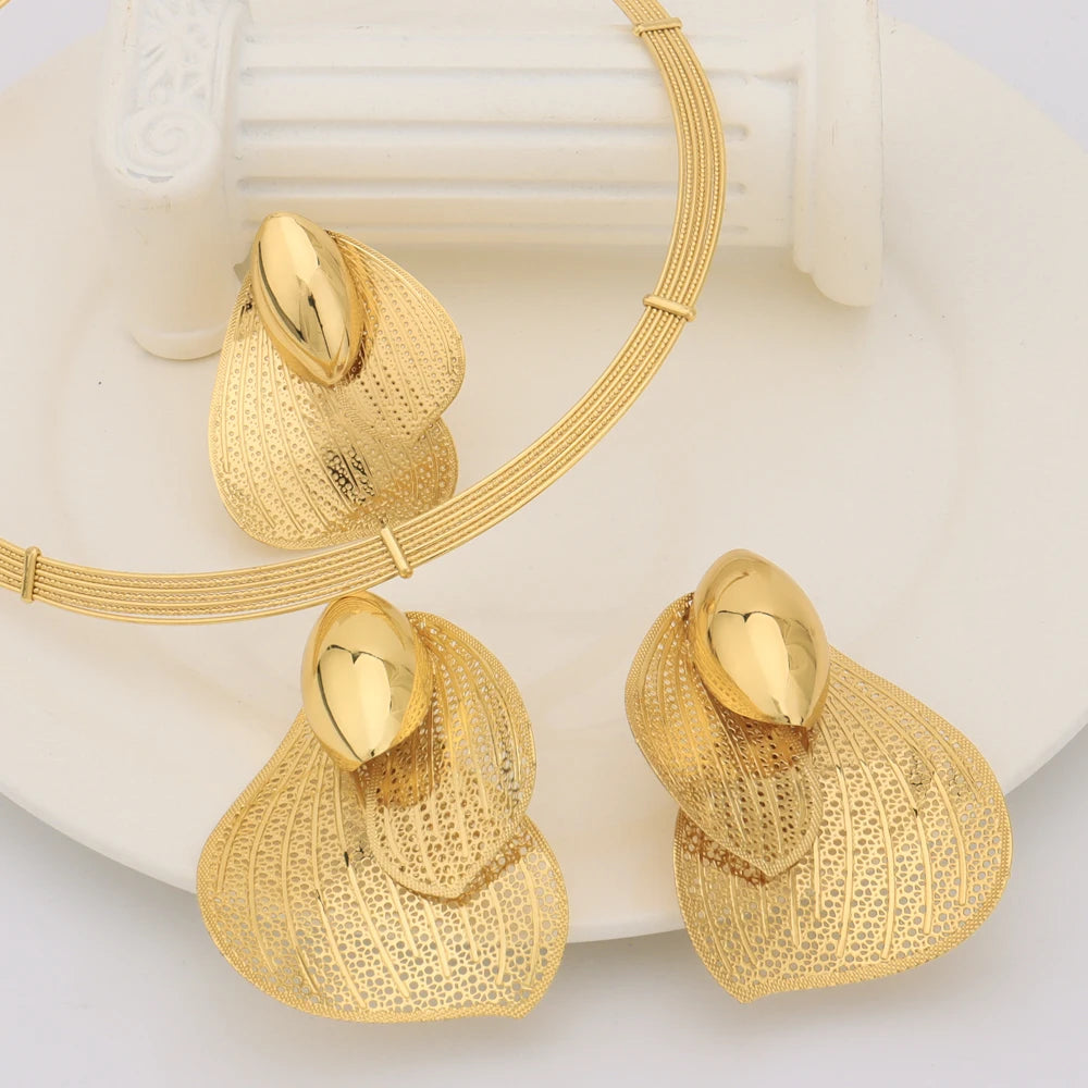 Luxury Jewellery Set For Brazil Bride Gold Color Earrings Ring Necklace Gift for Valentine's Day African Wedding Party