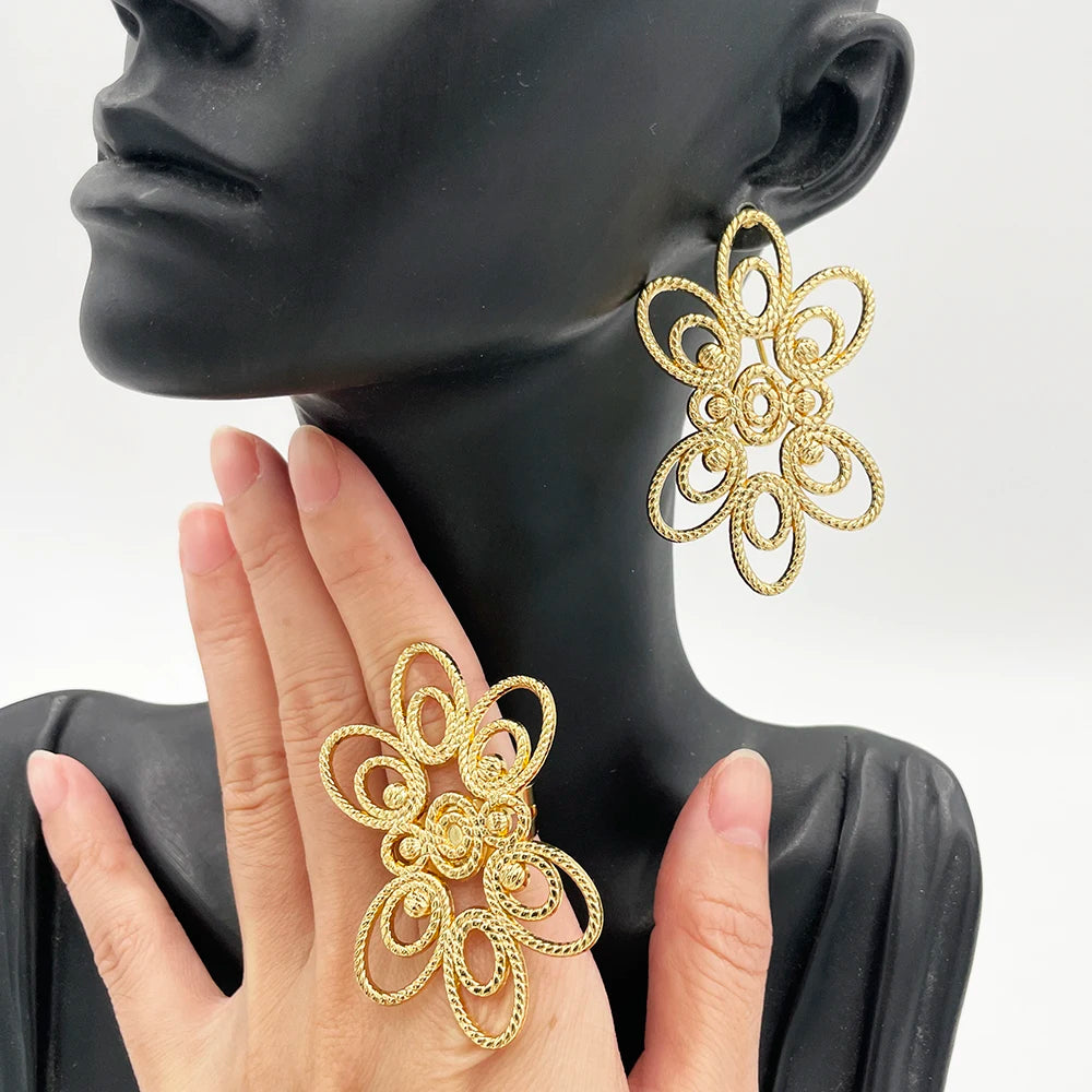 4Set Gold Color Jewelry for Women Girls Elegant Golden Clip Earrings Ring Geometric Jewelry Fashion Party Engrave Hollow Earring