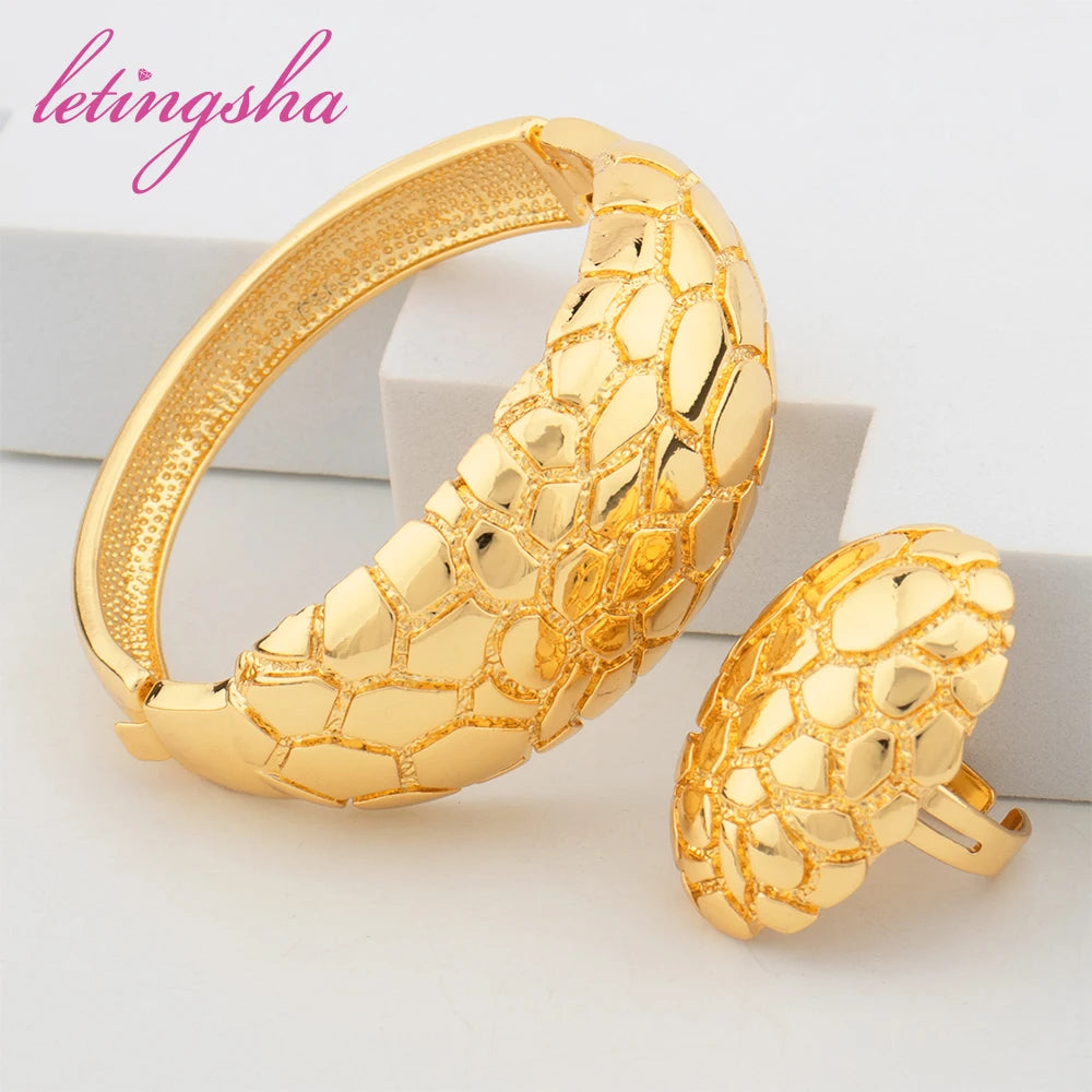 Italian Women Design Jewelry Sets Ethiopian Gold Color Cuff Bangle Fashion Ring Set Dubai Bride Jewelry Wedding Party Gift