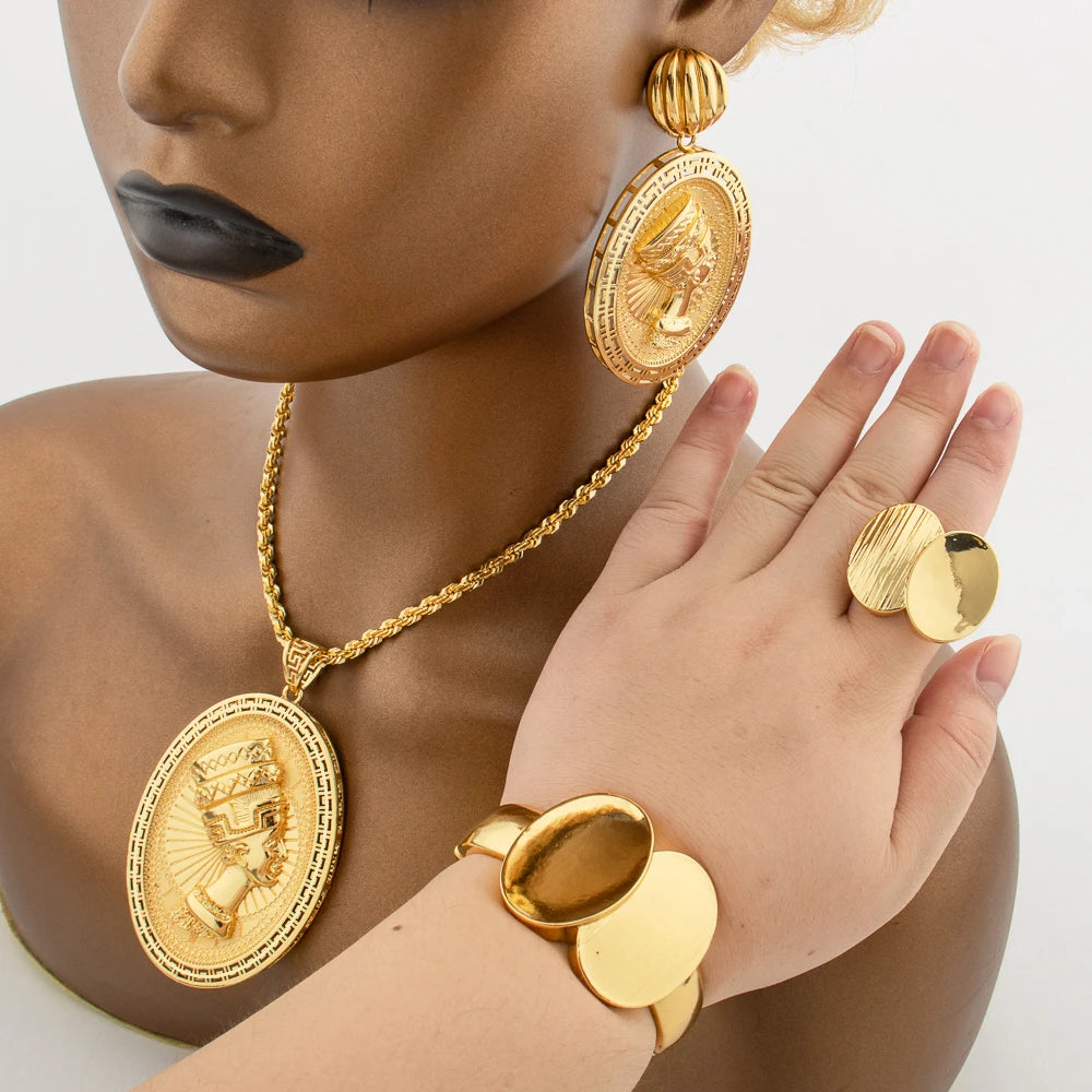 YM Pharaoh Jewelry Sets Gold Plated Necklace Elegant Earrings for Women Fashion Trendy Bracelet Ring Party Jewellry Accessories