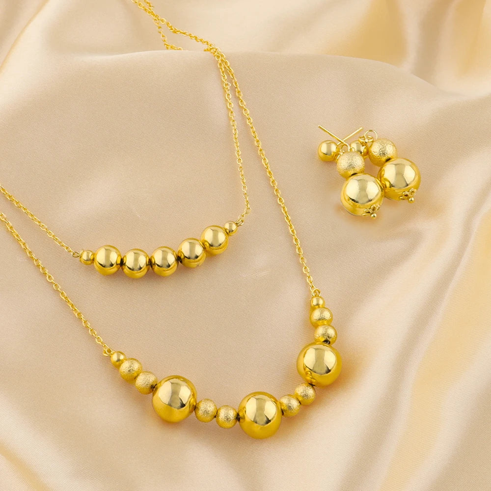 French Gold Plated Round bead Necklace Charm Earrings Set for Women Girl Light Luxury Gold Color Jewelry Gift for Party Wedding
