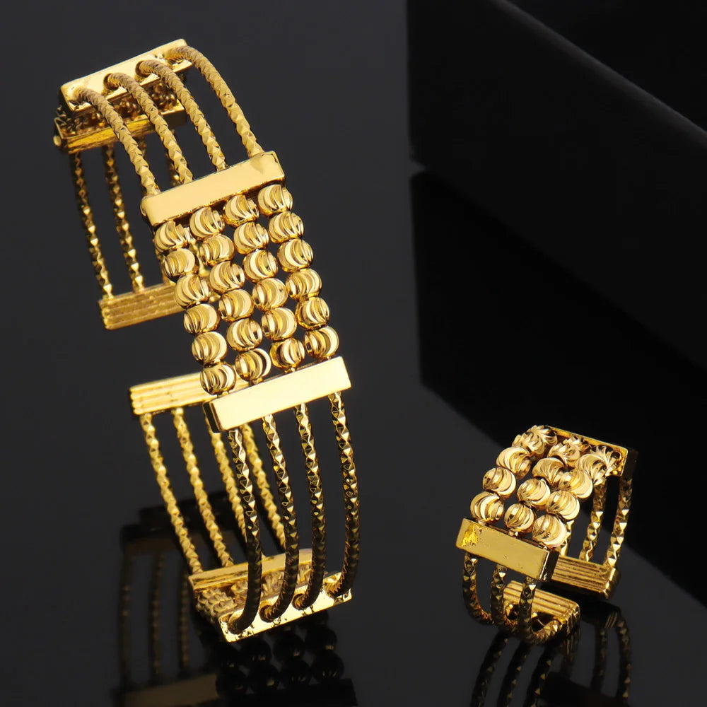 Gold Color Luxury Noble Bangle Bracelet Ring Set for Women Fashion Pretty Unique Design Jewelry Set Gift for Nigeria Party
