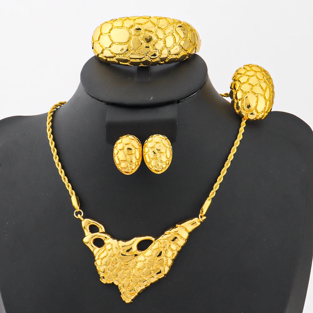 Luxury African Woman Jewelry Set Gold Color Necklace Earrings Ring Bangle Dragon Pattern Jewelery Women's Day Accessories Party