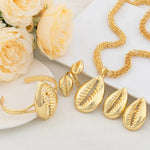 YM 4PCS Jewelry Set for Women Shell Pendant with 60cm Chain Dubai Gold Color Necklace Cuff Bangles Adjustable Rings Wedding Gift - YUEMING JEWELRY