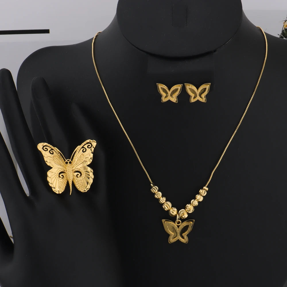 Dubai Gold Color Butterfly Necklace Earrings Ring Boutique Jewelry Set For Men And Women Daily Wear Wedding valentine day gift