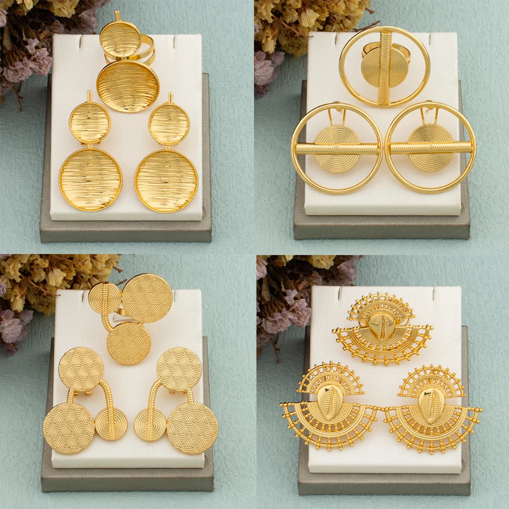 Trendy Women Earrings and Ring Gold Color Jewelry Set African Bohemian Fashion Jewelry Weddings Party Creative Design 2Pcs Set