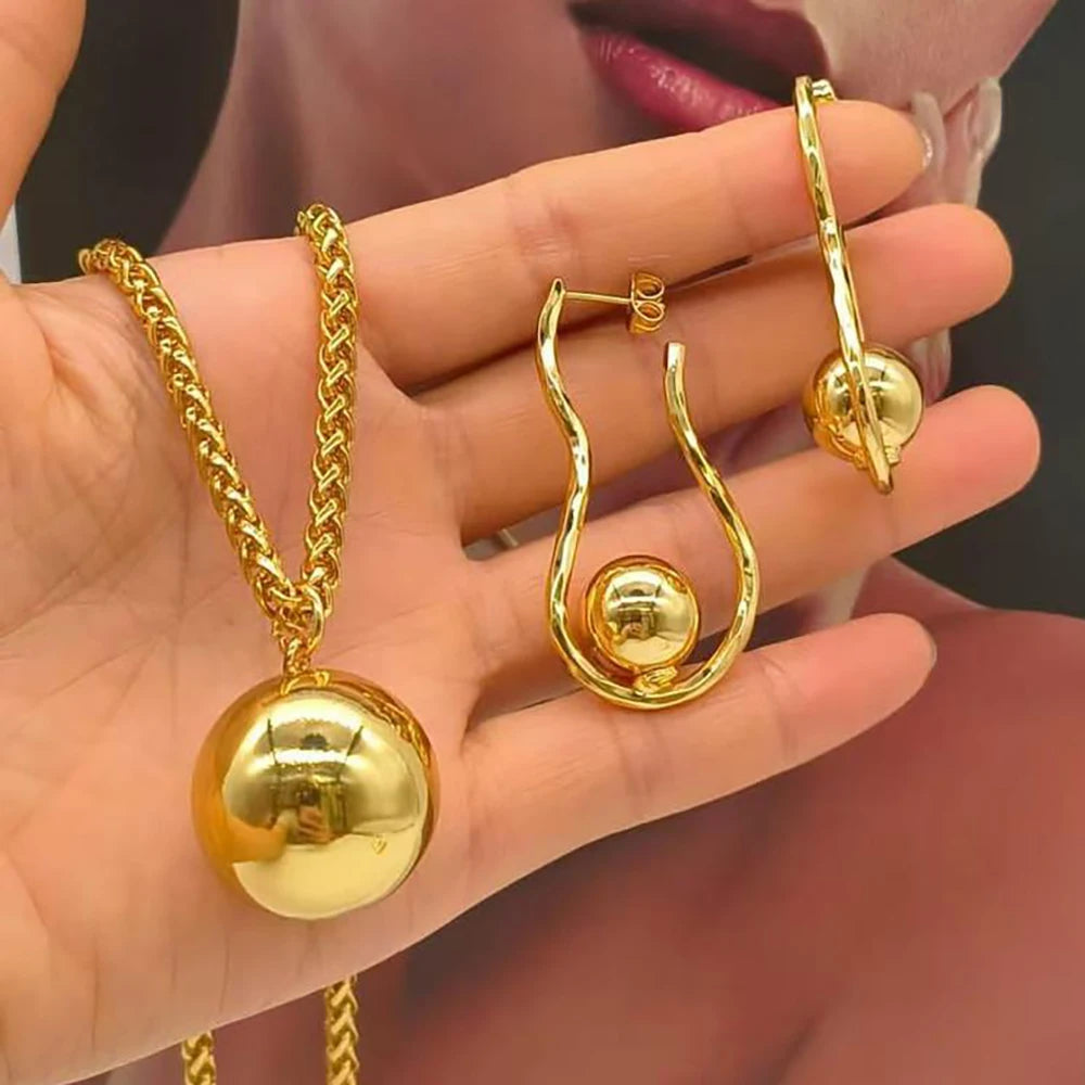 Dubai Gold Color Beads Design Jewelry Pendant Necklace and Drop Earrings 2Pcs Set Luxury Earrings Necklace Jewelry Accessories