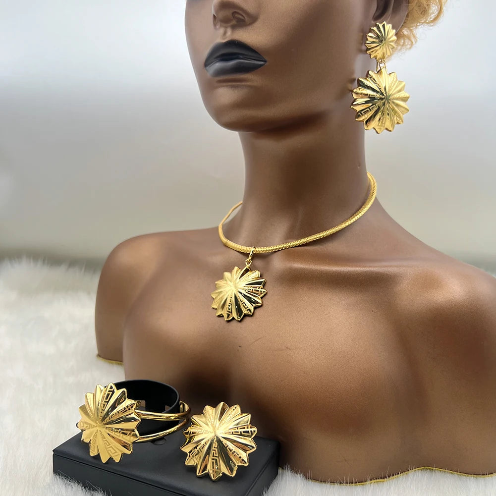 New Trendy Luxury Earrings Necklace Ring Bangle For Women Sun Shape Jewelry Sets For  Wedding Party Dubai Bridal Banquet Gift