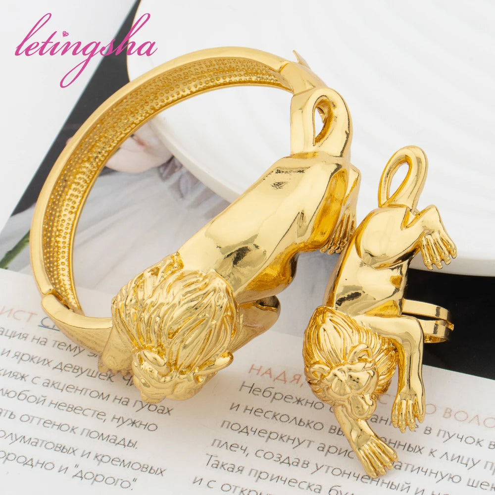 18K Gold Plated Big Bangle Fashion New African Lion Bangle Ring Set Bracelets Luxury Wedding Party Gift Jewelry
