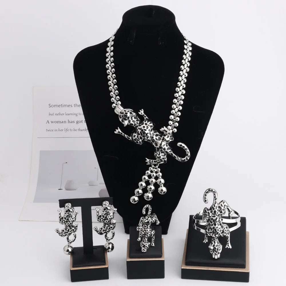 Nigerian Sliver Color Huge Leopard Shape Jewelry Set Exaggerate Africa Woman Necklace Earring Ring Bangle Easter Party Gift
