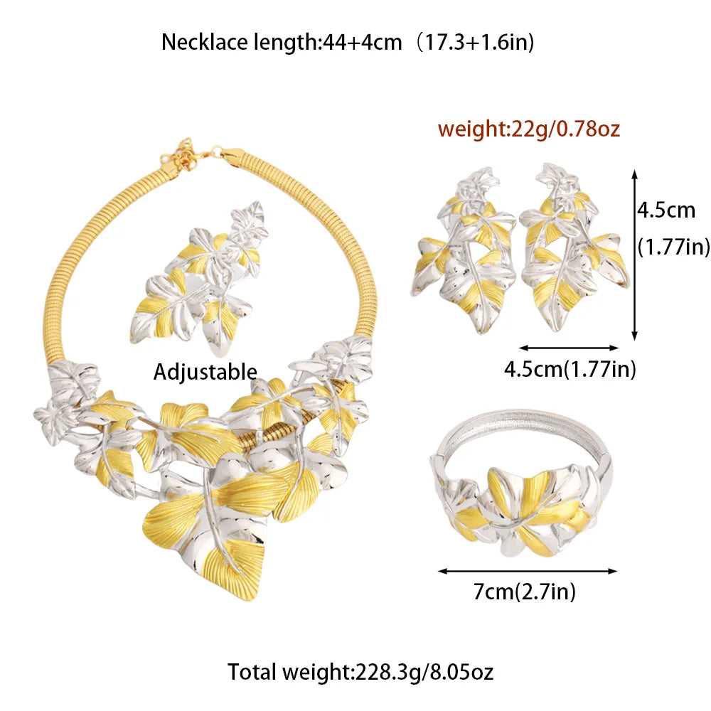 Africa Luxury  4pcs Jewelry Set For Women Ethiopia Exaggerate Leaves Necklace Earrings Bangle Ring For Party Wedding tiki