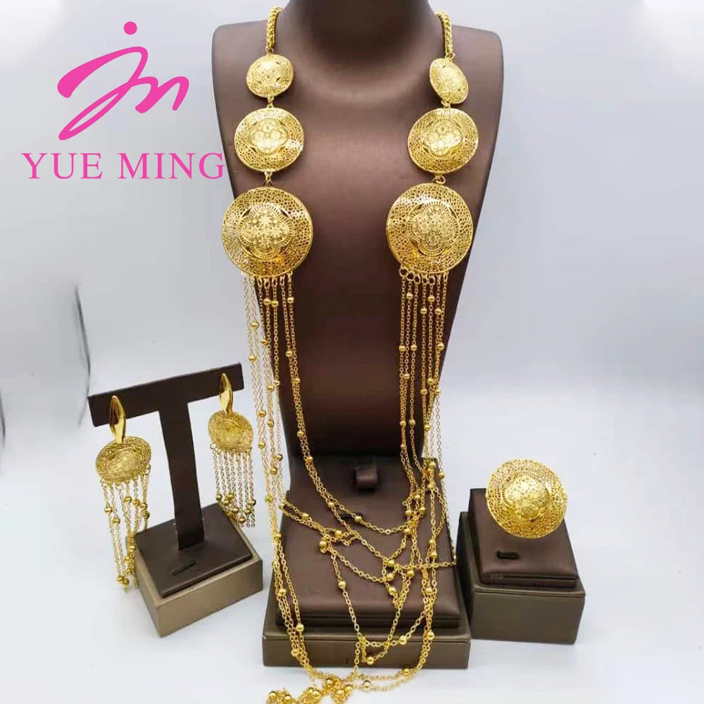 YM Long Necklace Earrings Ring Set Elegant Women Jewelry Set 18K Gold Plated Chain Adjustable Ring Tassel Earrings Wedding Party