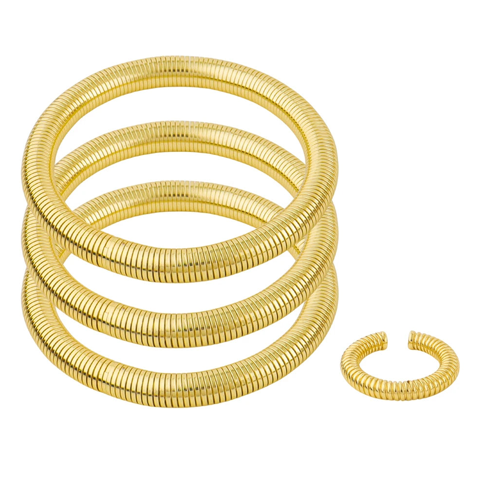 Dubai New Design Elastic Bracelets Gold Plated Ring Set America Vintage Twisted Jewelry Set For Women Wedding Party Jewelry Gift